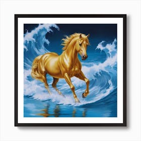 Golden Horse In The Ocean Waves Art Print