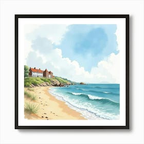 Breezy Day At An English Seaside Resort, Watercolor With Gentle Waves 1 Art Print