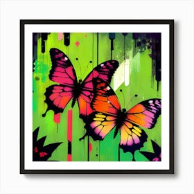 Two Butterflies On A Green Background 2 Art Print