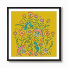 CATERPILLAR PLAYGROUND Cute Doodle Bugs Insects in Happy Pink Blue Orange Green on Bright Yellow Kids Art Print