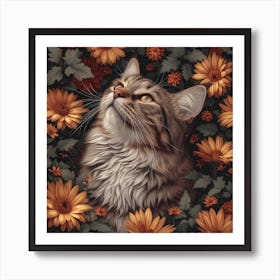 Lena1987 Cat Portrait Cartoon Surrounded By Flowers Colorful Art Print