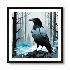 Raven In The Forest, crow, crow in forest, crow in dark forest, bird in dark forest, black and grey Art Print