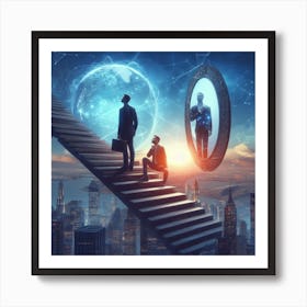 Two Businessmen Standing On Stairs Art Print