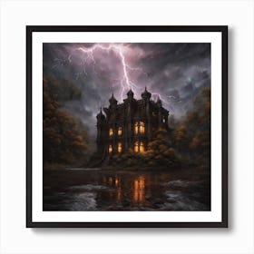 An Abandoned Large Palace In The Midst Of A Dark Forest With Eerie Rainy Weather And The Predomin (2) Art Print