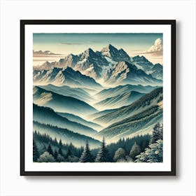 Majestic Mountain Ranges Printed Art A Panoramic Illustration Of Stunning Mountain Landscapes, Perfect For Bringing The Beauty And Serenity Of Nature Into Any Space Printed Art Art Print