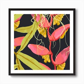 Heliconia On Blue Square Art Print