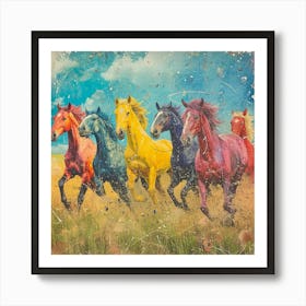 Horses Charging Through The Field Rainbow 2 Art Print