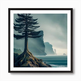 A Cypress Tree Growing On Ocean Cliff Side Outcr Art Print