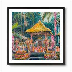 Balinese Temple Ceremony in Style of David Hockney 5 Art Print