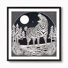 Sticker Art Design, Zebra Howling To A Full Moon, Kawaii Illustration, White Background, Flat Colors Art Print