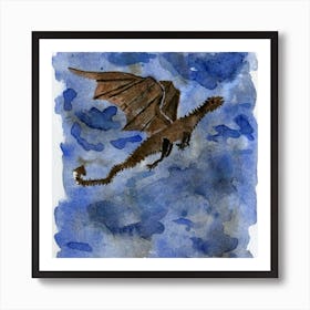 Brown Flying Dragon Watercolor Painting Art Print