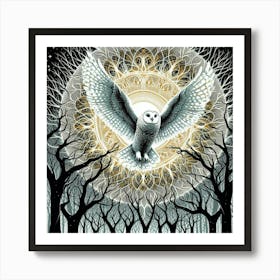 Silkscreen Art: Metaphysical Painting of White Owl in Oliver Vernon Style, Glowing Owls by Hugo Pratt, Printing Techniques by Alison Kinnaird, Sylvia Wishart, and Malcolm Morley Art Print