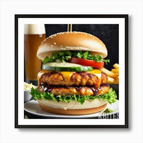 Chicken Burger With Fries And Beer Art Print