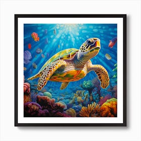 Psychedelic Paddle: The Green Turtle's Colorful Swim. Photo Of Sea Turtle In The Sea Art Print
