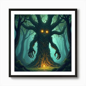 Giant Tree Spirit With Glowing Eyes, Guarding An Ancient Enchanted Forest 1 Art Print