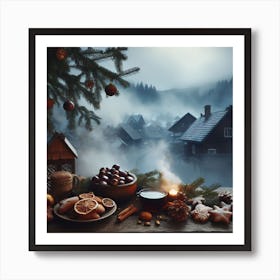 Christmas Village In The Fog Art Print