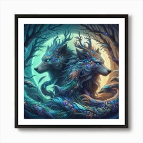 Two Wolves In The Forest Art Print