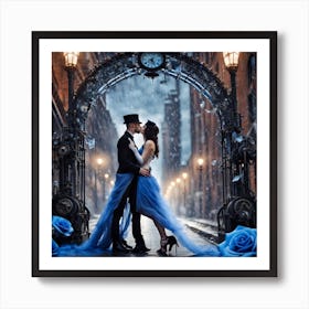 Couple Kissing Under A Clock Art Print