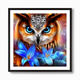 Owl With Blue Flowers Art Print