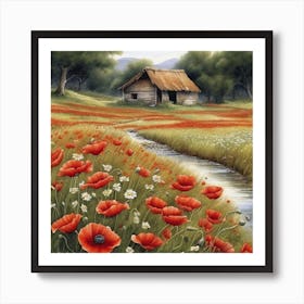 Beautiful Field Of Poppies With Tiny Little Daisies A Small Stream And An Abandoned Hut In The Dist Art Print