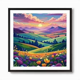 Field Valley Nature Meadows Flowers Dawn Landscape Art Print