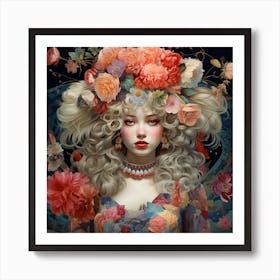 Girl With Flowers On Her Head Art Print