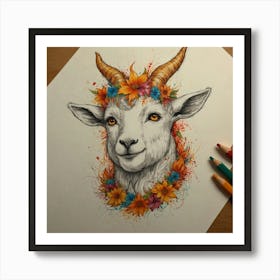 Goat With Flowers Art Print