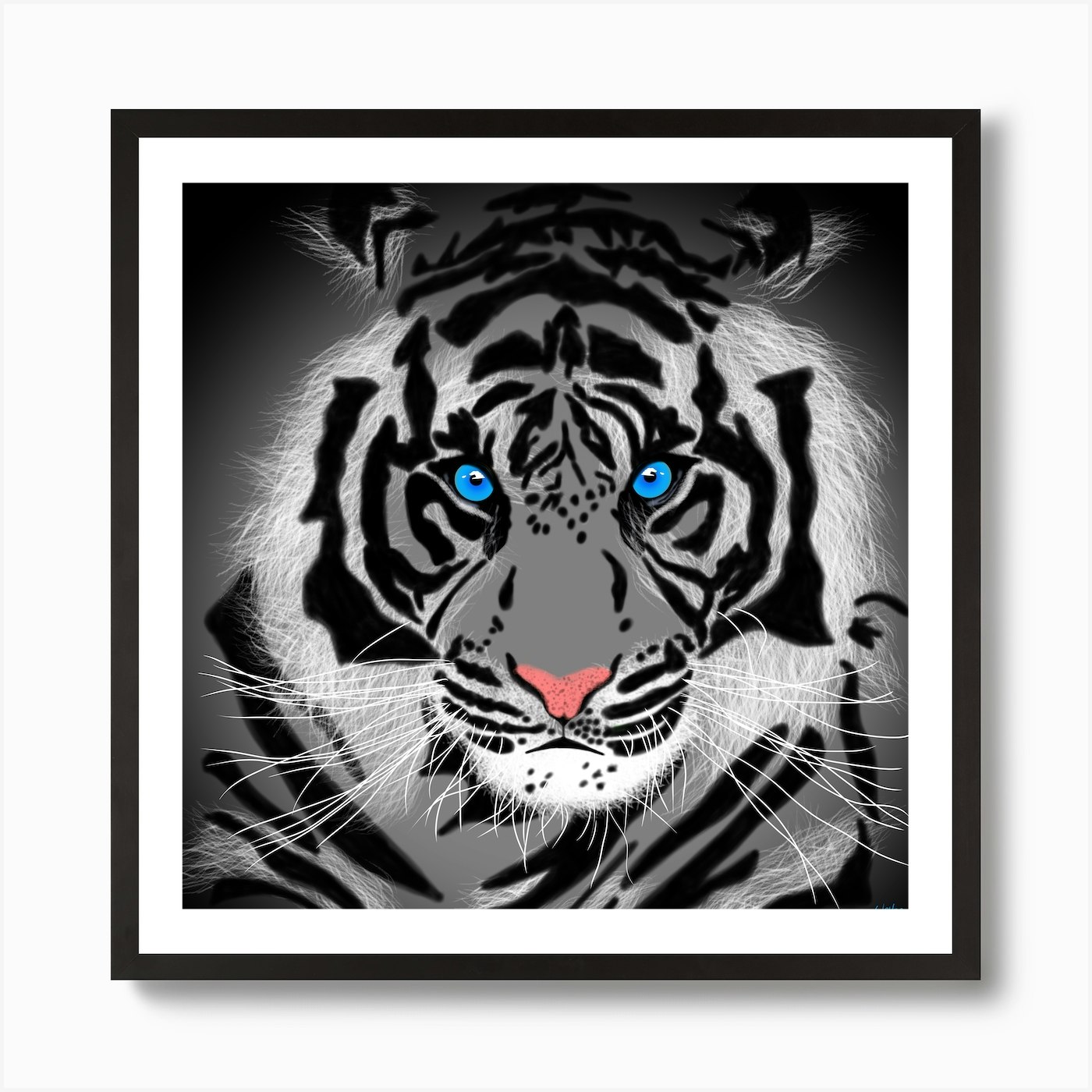 black and white tiger face with blue eyes