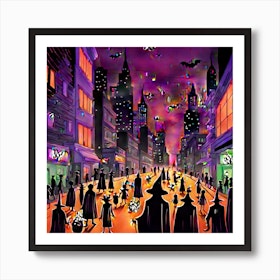 The Image Captures A Contemporary Halloween Scene Featuring A Bustling Urban Street Brightly Illumi (1) Art Print