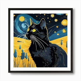 Black Cat Starry Night Art Print