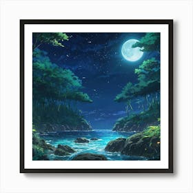 Tranquil Nighttime Seascape With Moonlit Ocean and Lush Forest Under a Starry Sky Art Print