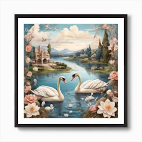 Lake and Swans in Boho Style 3 Art Print