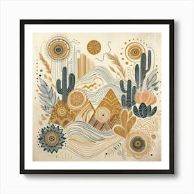 Cactus And Cactus.Boho art, moon and yellow squiggly line, American style. Art Print