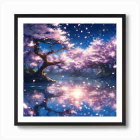 Magical Lakeside Cherry Blossom Trees Art Print