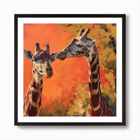 Giraffes Eating Tree Branches Brushstroke 2 Art Print