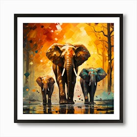 Elephants In The Rain Art Print