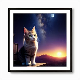Cat at roof top on moon light Art Print