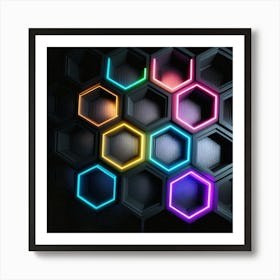 Hexagonal shapes with neon lights, futuristic, cyberpunk, background 14 Art Print