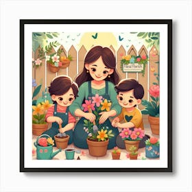 Mother And Children Planting Flowers Art Print