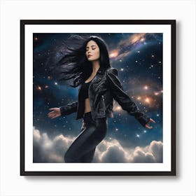 Create A Cinematic Scene Where A Mysterious Woman In A Black Leather Jacket Floats Gracefully Through The Cosmos, Surrounded By Swirling Clouds Of Stars And Galaxies 2 Art Print