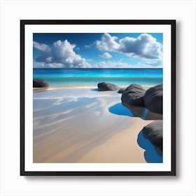 Turquoise Blue Sea, Sandy Beach and Black Rocks Art Print