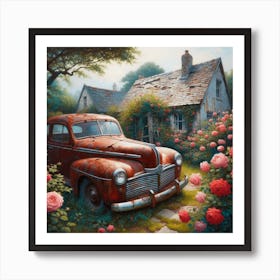 Old Car In Rose Garden Art Print