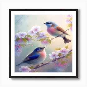 Two Birds In Cherry Blossoms Art Print