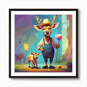 Deer And Cows Art Print