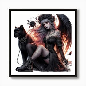 Gothic Girl With Black Cat Art Print