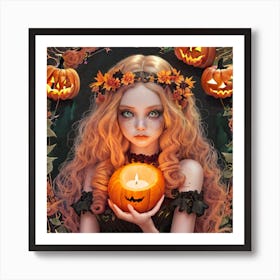 Halloween Girl Holding Pumpkin Art Print