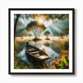 A tranquil scene of a wooden boat floating on a still lake. Art Print