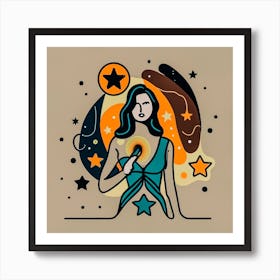 One Line, Digital Art, Woman At Glowing Star And Moon Art Print