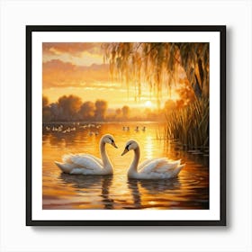 Cygnets Alongside Their Mother Soft Feathers Shimmering In The Light Serene Lake Setting Gentle R Art Print