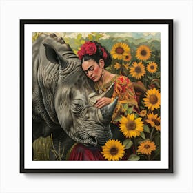 Frida Kahlo with a Rhino. Animal Conservation Series. Art Print